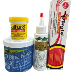 Hair Growth Bundle Pack of 4 – Virgin Hair Fertilizer, Sulfur 8 Medicated Anti-Dandruff, Blue Magic Hair Grease & Wild Growth Hair Oil – Rapid Growth & Healthy Scalp Care Set