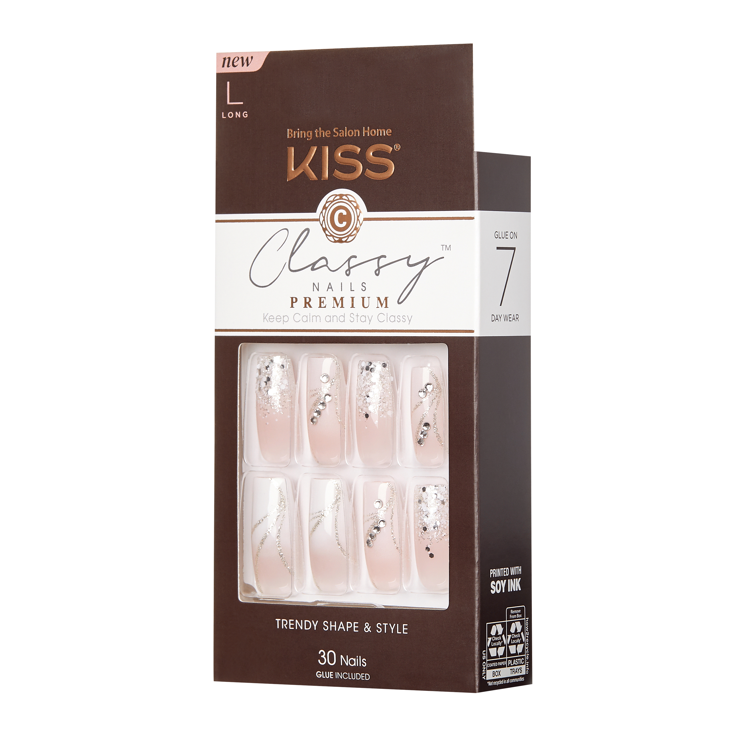 KISS Classy Nails Premium, Press-On Nails, Stunning!, Pink, Long Square, 30 Count