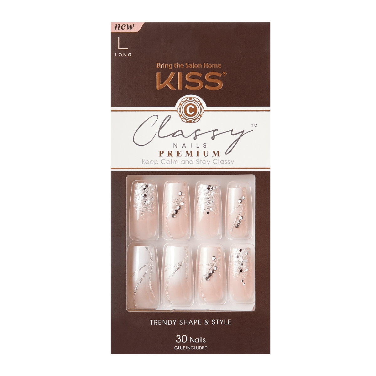 KISS Classy Nails Premium, Press-On Nails, Stunning!, Pink, Long Square, 30 Count